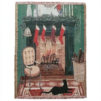 Decorbites christmas tree knitted throw blanket featuring a christmas tapestry with fireplace stockings garland and black cat