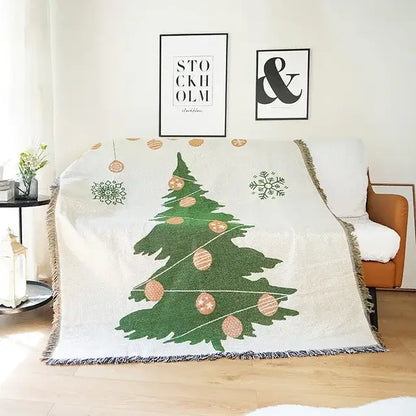 White decorbites christmas tree knitted throw blanket with green tree gold ornaments snowflakes and fringed edges