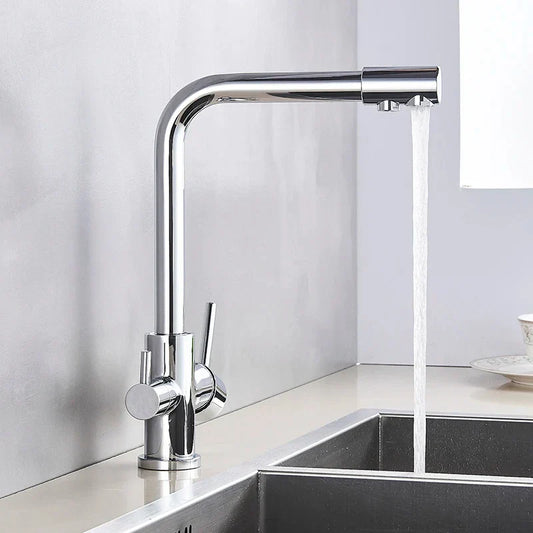 DecorBites™ chrome pure water faucet with filter chrome finish sleek curved spout and dual handles for hot and cold water control