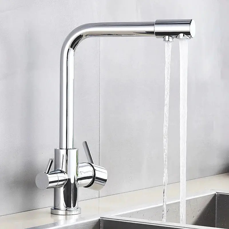 DecorBites™ chrome pure water faucet with filter featuring a modern high-arc spout and dual handles for water control