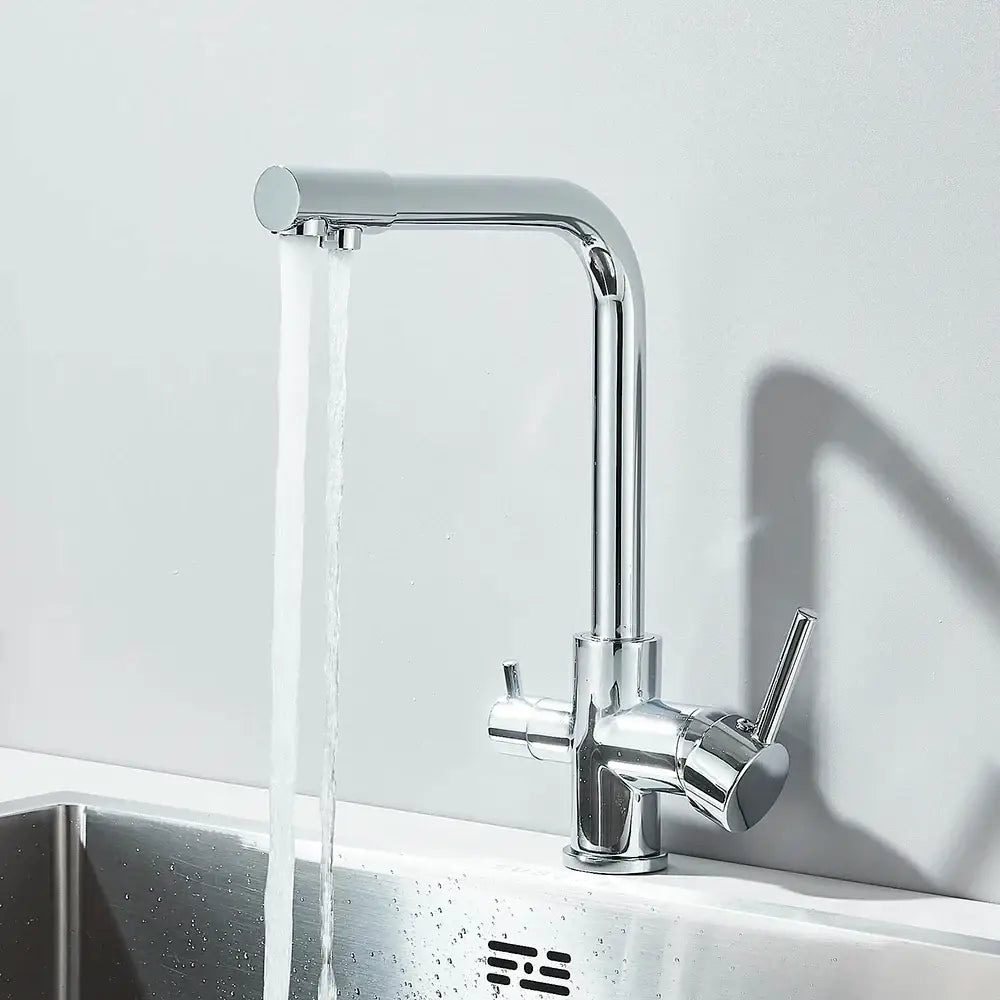 Decorbites™ chrome pure water faucet with sleek curved spout dual handles in chrome finish for filtered pure water