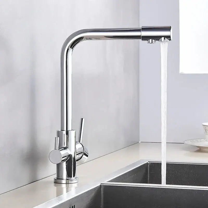 DecorBites™ chrome pure water faucet with filter chrome finish sleek curved spout and dual handles for hot and cold water control