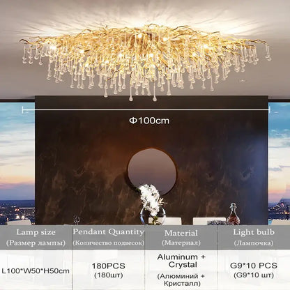 Golden branch-style crystal chandelier light fixture with chrome rectangular aluminum frame and crystal droplets by DecorBites