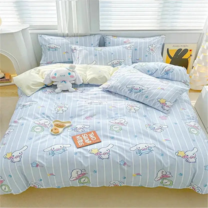 Light blue striped duvet cover bedding set featuring playful pastel cinnamoroll characters for cute home decor