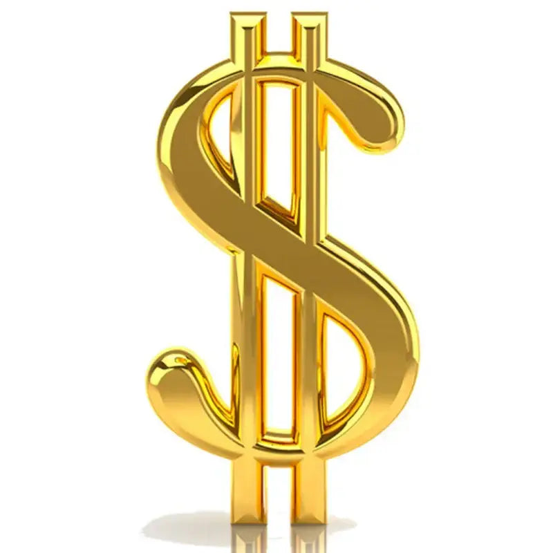 Shiny gold dollar sign symbol on a DecorBites™ classic black stainless steel water bottle with bamboo lid