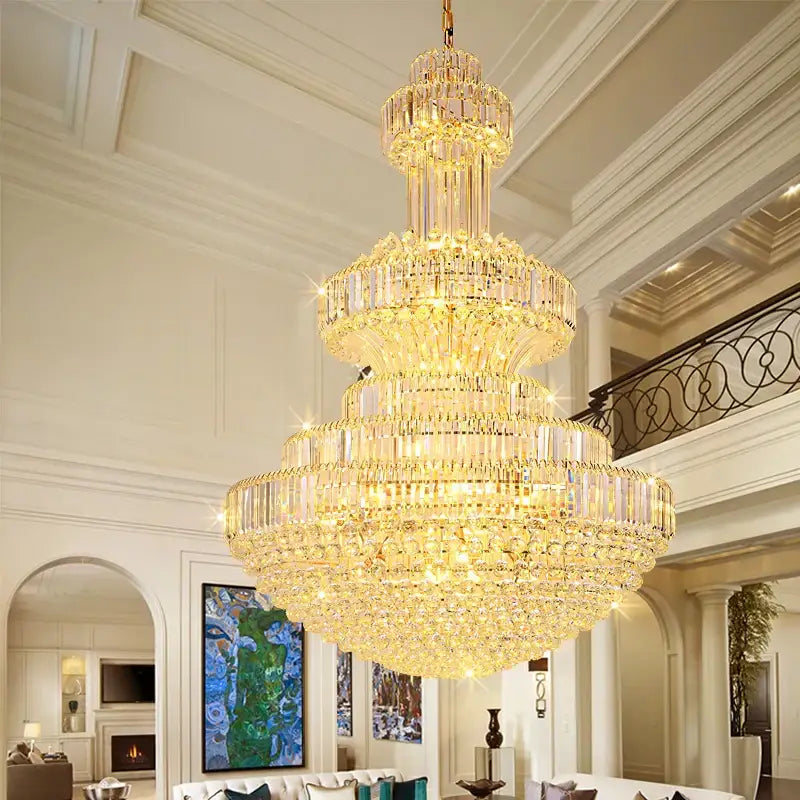 Decorbites classic crystal multi-tiered chandelier with cascading golden lights and clear faceted glass for living room