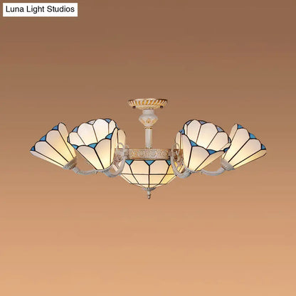 Elegant DecorBites™ multi light chandelier ceiling light with five petal-shaped cream and blue stained white glass shades