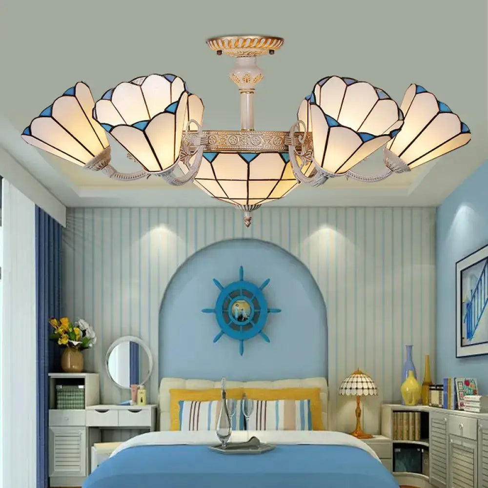 Stylish DecorBites™ classic multi light chandelier ceiling light with five cream and blue tiffany-style shell shades and white glass