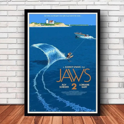 Decorbites classic jaws movie poster canvas wall art with black frame featuring a stylized surfer and ocean scene