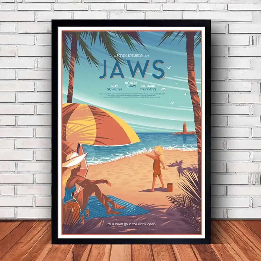 A framed vintage-style jaws movie poster canvas featuring a beach scene with palm trees and an orange umbrella