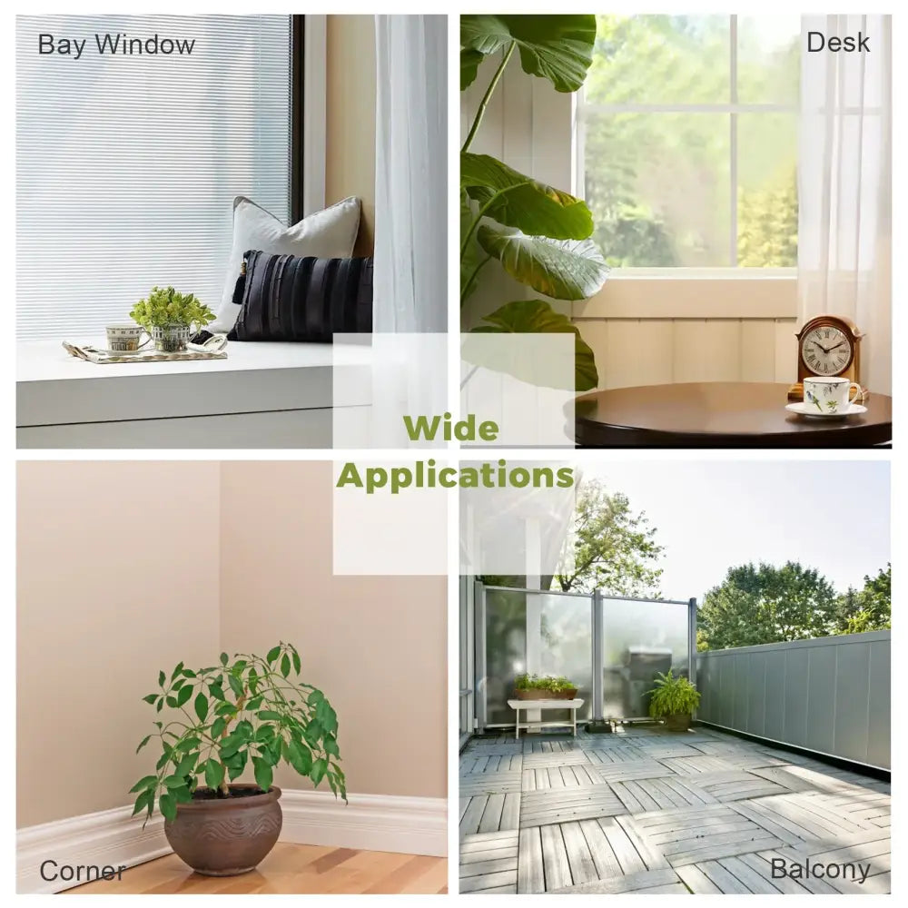 The DecorBites™ classic tall plant stand set features a versatile design shown in bay window, desk, corner, and balcony settings