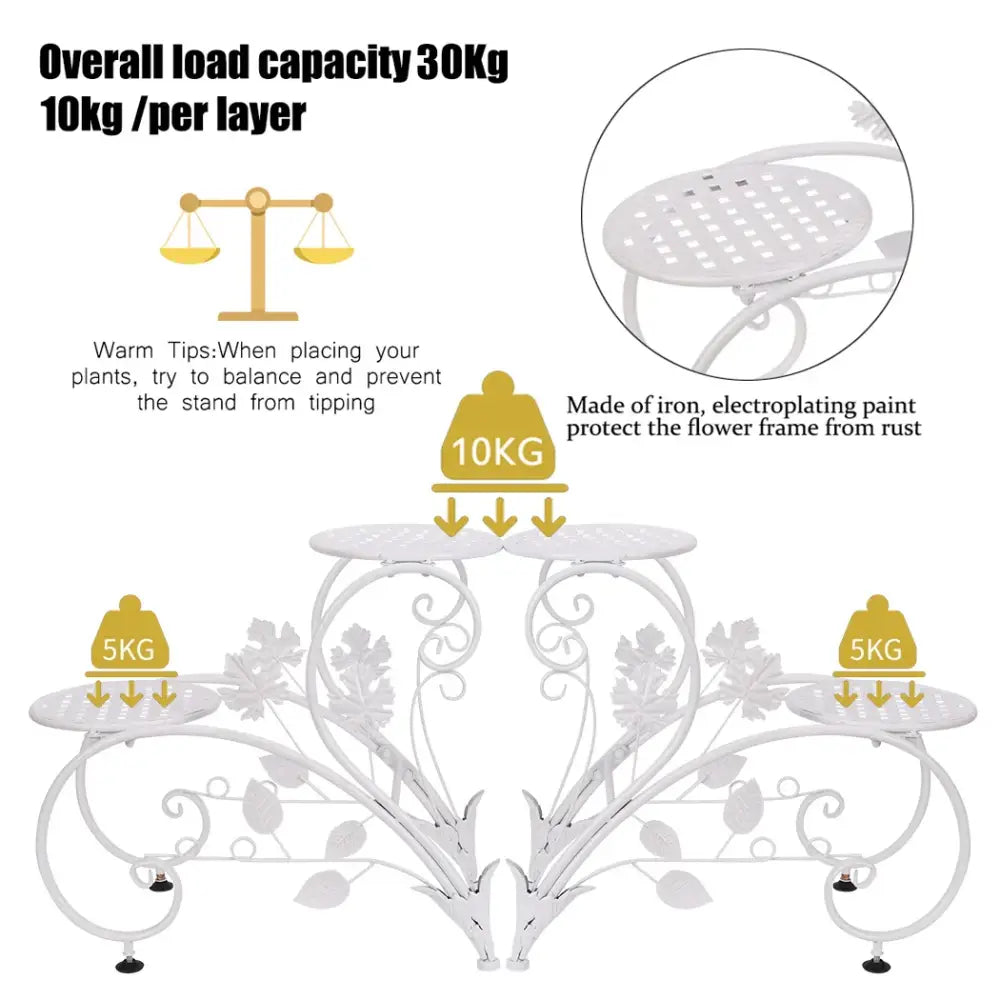 White wrought iron classic tall plant stand with floral and leaf motifs featuring three tiers for indoor outdoor use