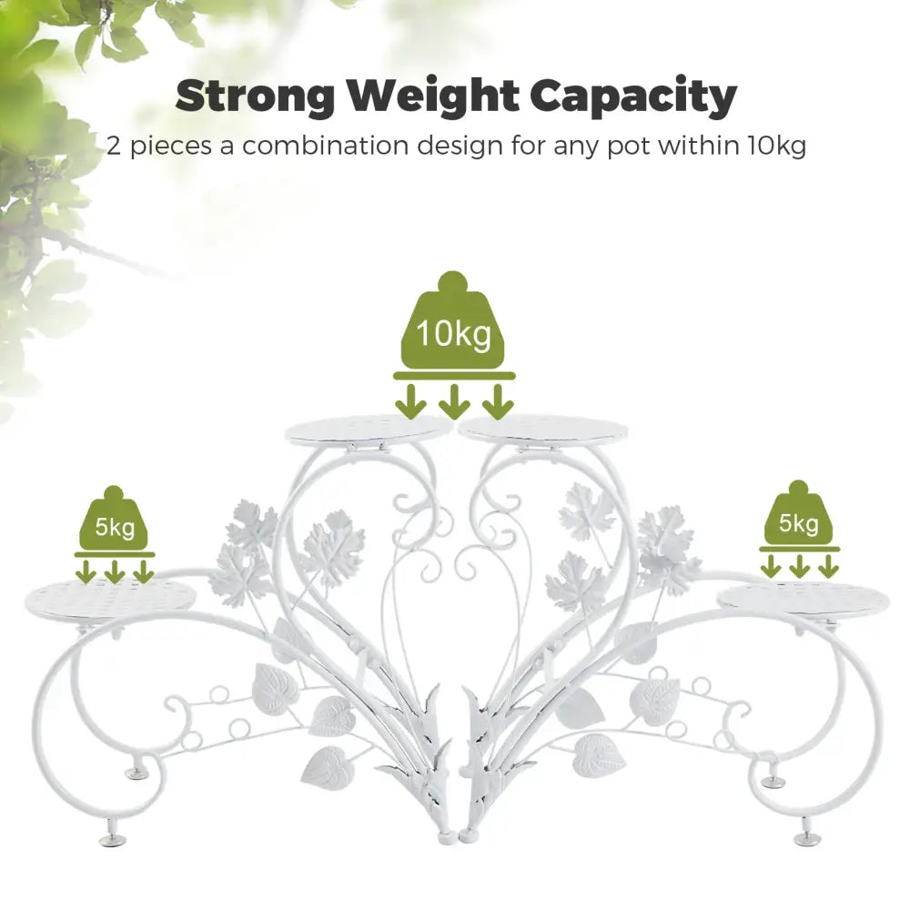 White wrought iron classic tall plant stand with ornate leaf vine detailing and three tiers for indoor outdoor use