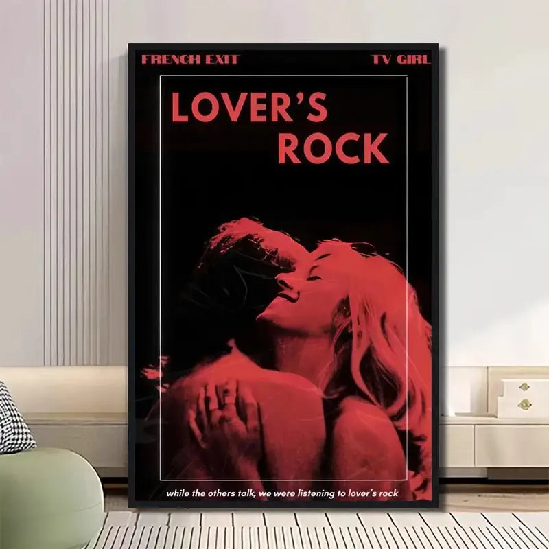A black-framed decorbites classic tv drama girl art poster canvas featuring bold red lovers rock text and embracing figures