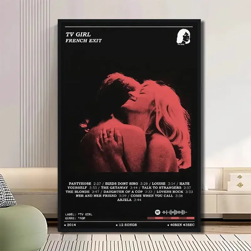 Black-framed classic tv drama girl art poster canvas with red-tinted image and white text from tv girl by french exit