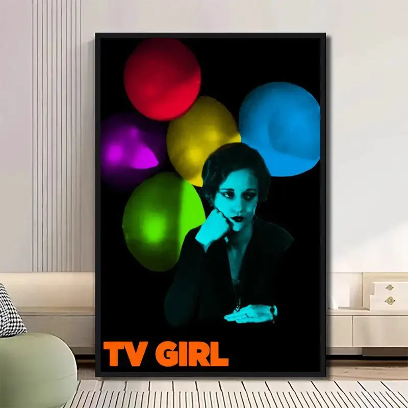 A framed decorbites™ classic tv drama girl art poster canvas featuring a stylized woman with neon balloons and bold orange text