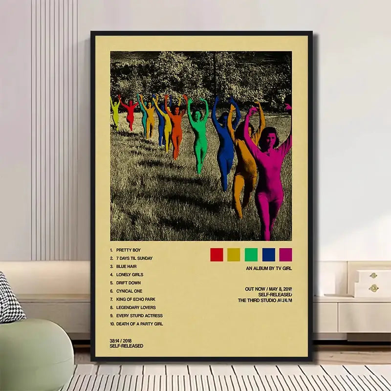 A framed decorbites™ classic tv drama girl art poster canvas featuring vibrant rainbow bodysuits on black and white background