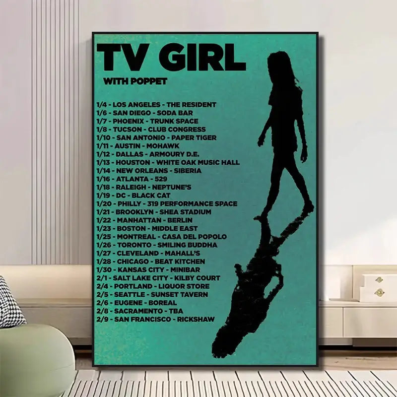 Teal-framed decorbites classic tv drama girl art poster canvas featuring black silhouette and tour dates on teal background