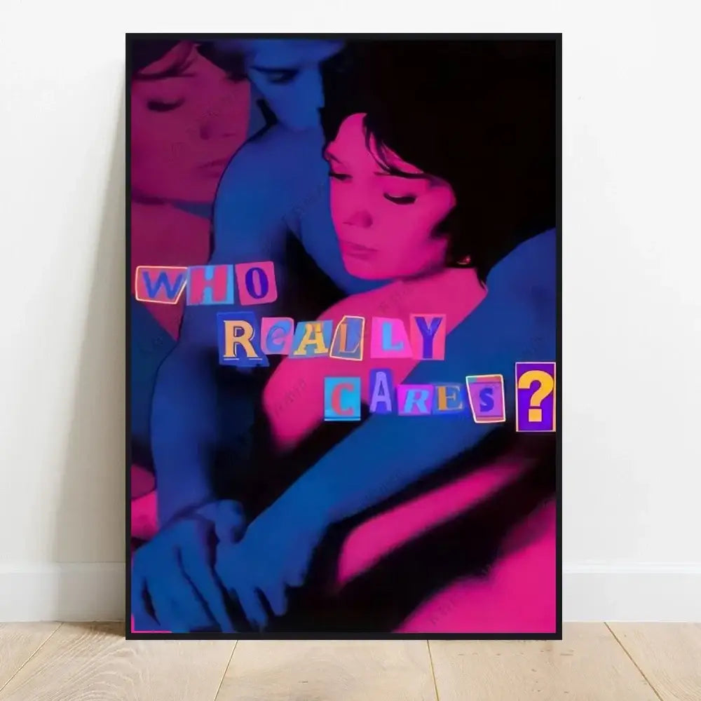 Vibrant pop-art decorbites™ classic tv drama girl art poster canvas in bold pink and blue hues with who really cares text