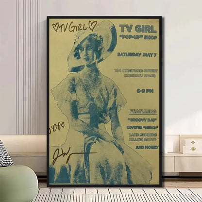 Vintage-style classic tv drama girl art poster canvas featuring a teal and cream illustration of woman in a hat