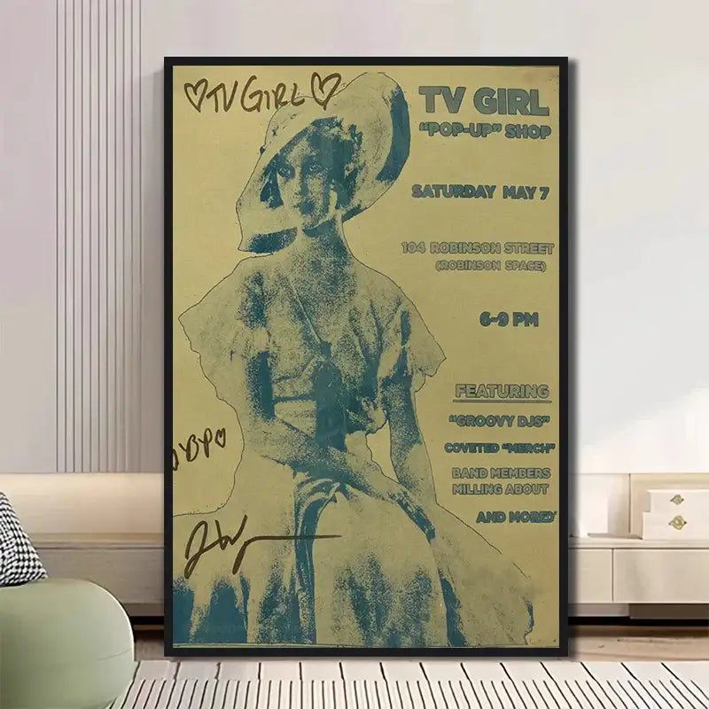 Vintage-style classic tv drama girl art poster canvas featuring a teal and cream illustration of woman in a hat