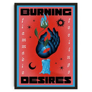 A framed decorbites™ classic vintage abstract canvas wall art print with retro abstract blue hand and green flame design