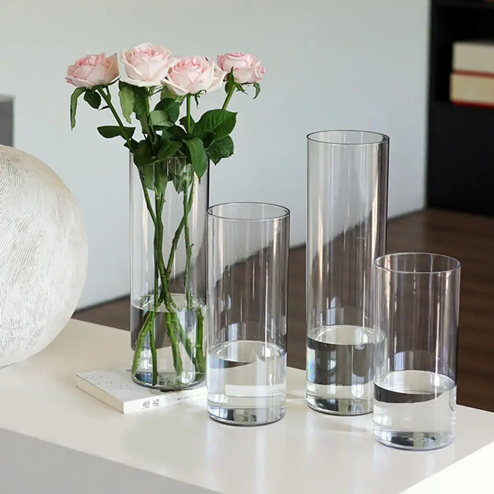 DecorBites clear acrylic cylinder vase set with pink roses for weddings in varying heights and clear acrylic material