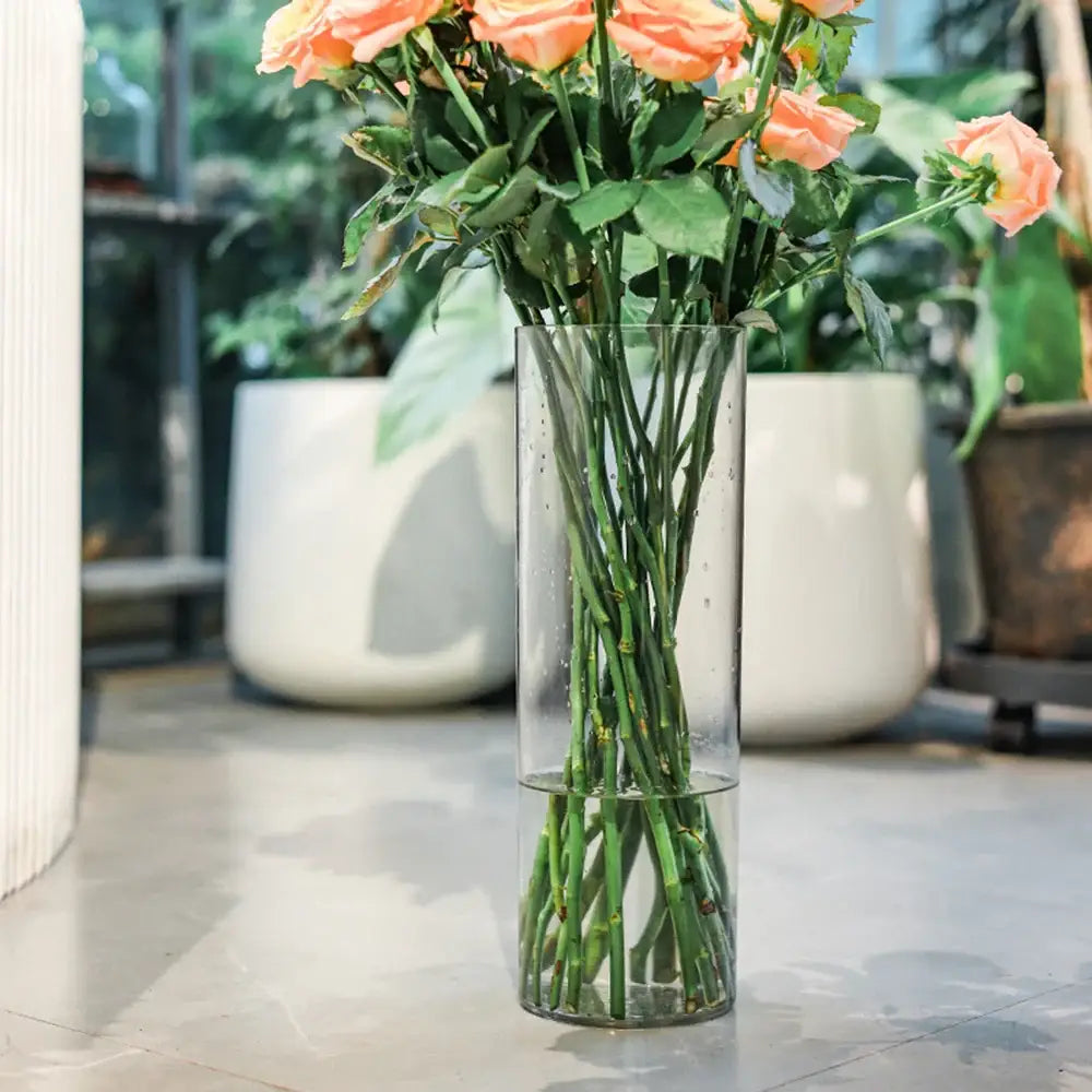 Decorbites clear acrylic hurricane flower vase large size holding peach-colored roses in a clear cylindrical glass vessel