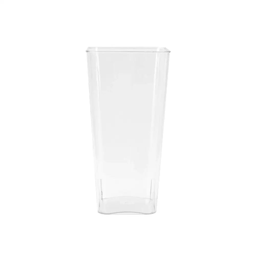 Clear acrylic hurricane flower vase large size featuring a clear rectangular plastic cup with a curved base and smooth sides