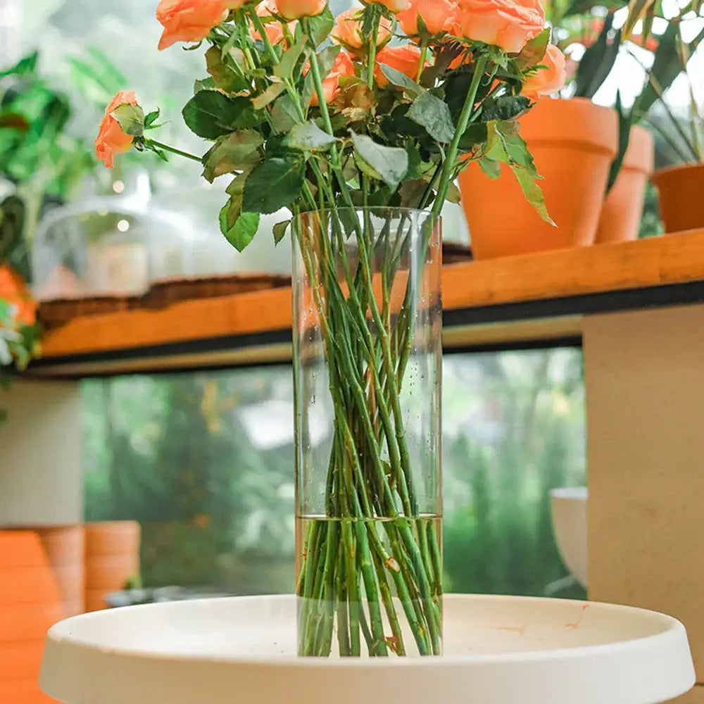 DecorBites clear acrylic hurricane flower vase large size holding vibrant peach roses with green stems and leaves