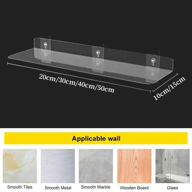 Decorbites clear acrylic wall shelf organizer with adhesive mounts available in multiple lengths for wall mounted use