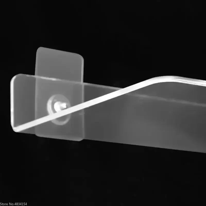 Decorbites™ clear acrylic wall mounted shelf bracket with rounded edge and adhesive backing for mounted acrylic shelves