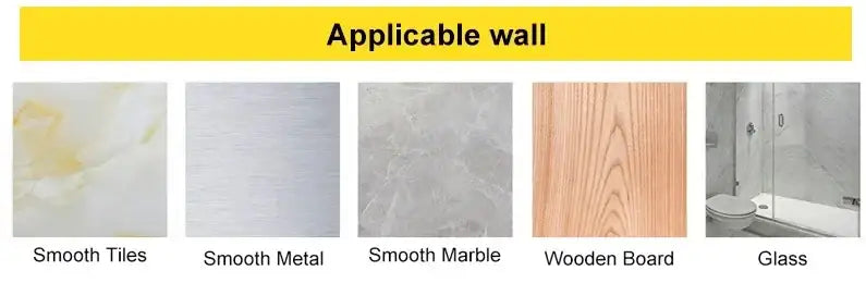Yellow banner showing applicable wall types for decorbites wall mounted clear acrylic shelf organizer 20-50cm
