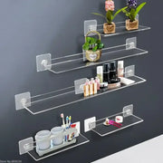 Decorbites™ clear acrylic wall mounted shelves with transparent adhesive backing plates for organized storage