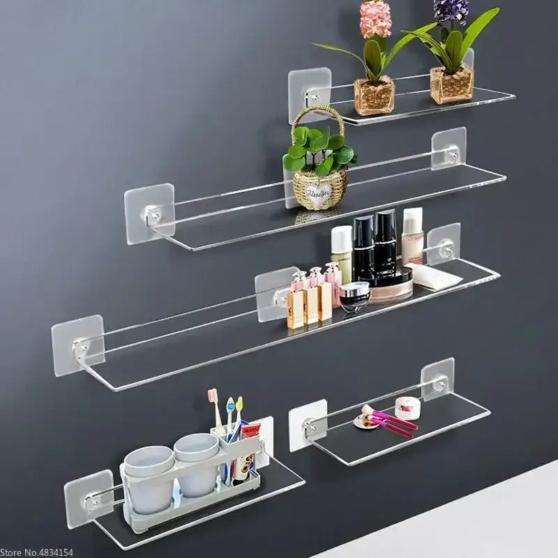 Decorbites™ clear acrylic wall mounted shelves with transparent adhesive backing plates for organized storage