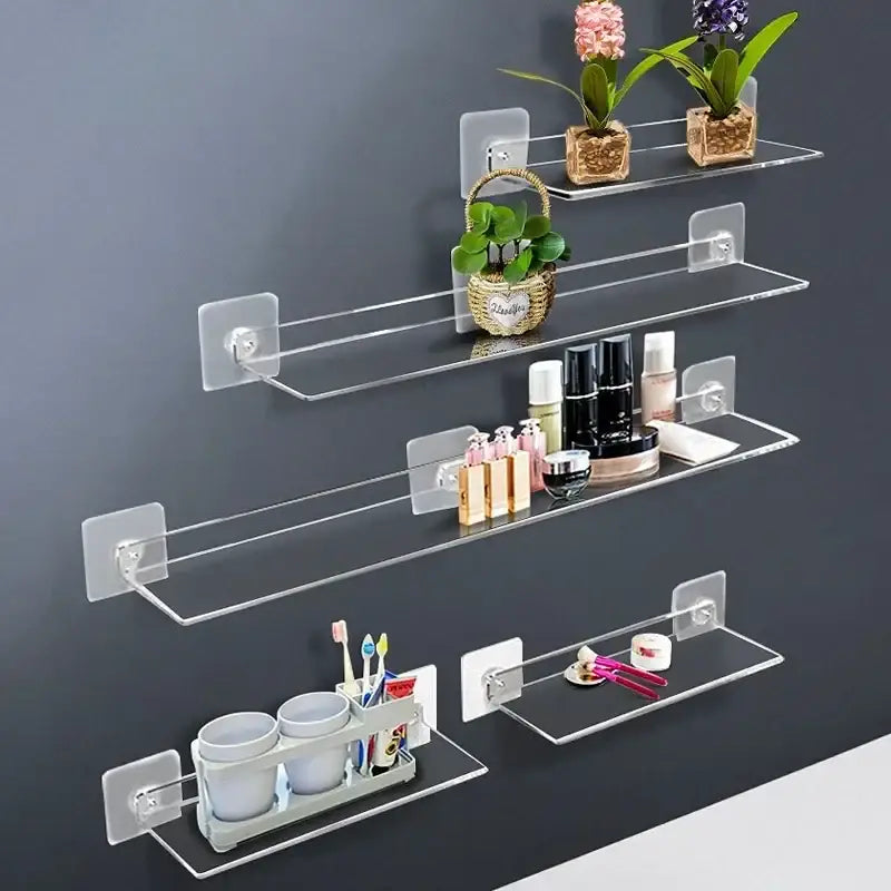 DecorBites clear acrylic wall mounted shelves with transparent adhesive backing in sizes 20 to 50cm