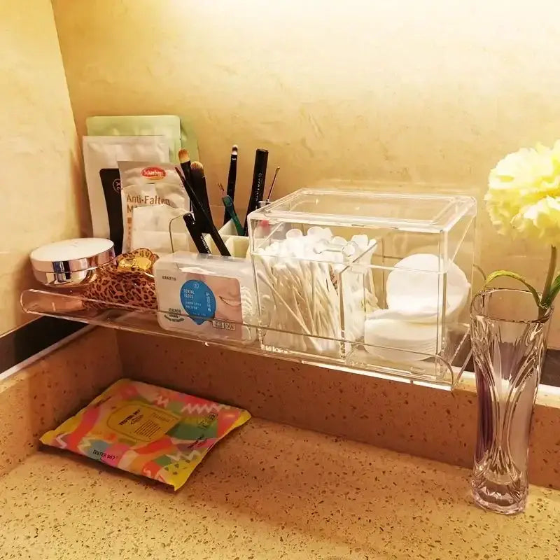 Decorbites™ clear acrylic wall mounted vanity organizer with compartments for cotton swabs q tips and brushes