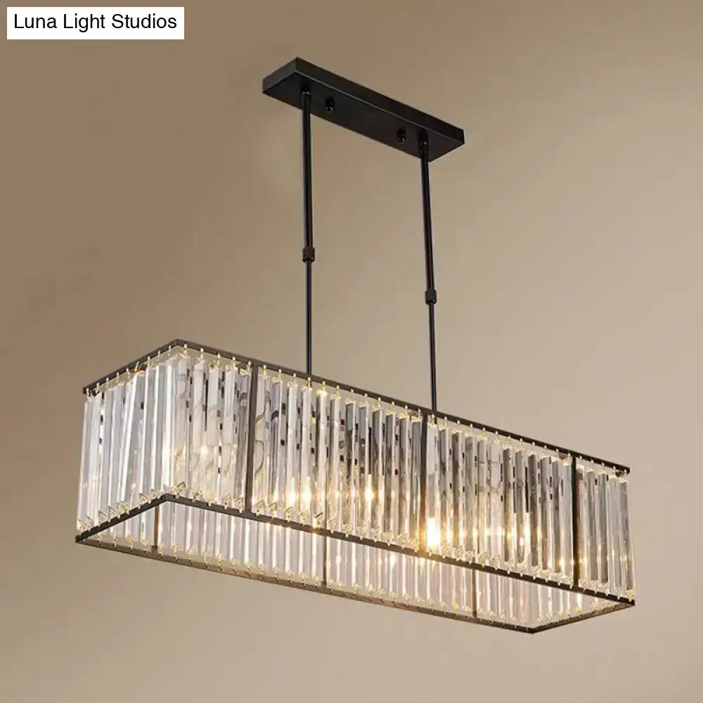 Rectangular island pendant light with clear crystal rods in black metal frame ideal for living room ceiling