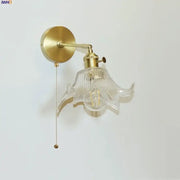 Decorbites clear flower glass wall lamp with brass pull chain and metal arm for elegant bedroom lighting