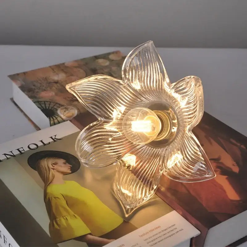 Decorbites clear flower glass wall lamp with warm glowing bulb and brass pull chain for bedroom lighting