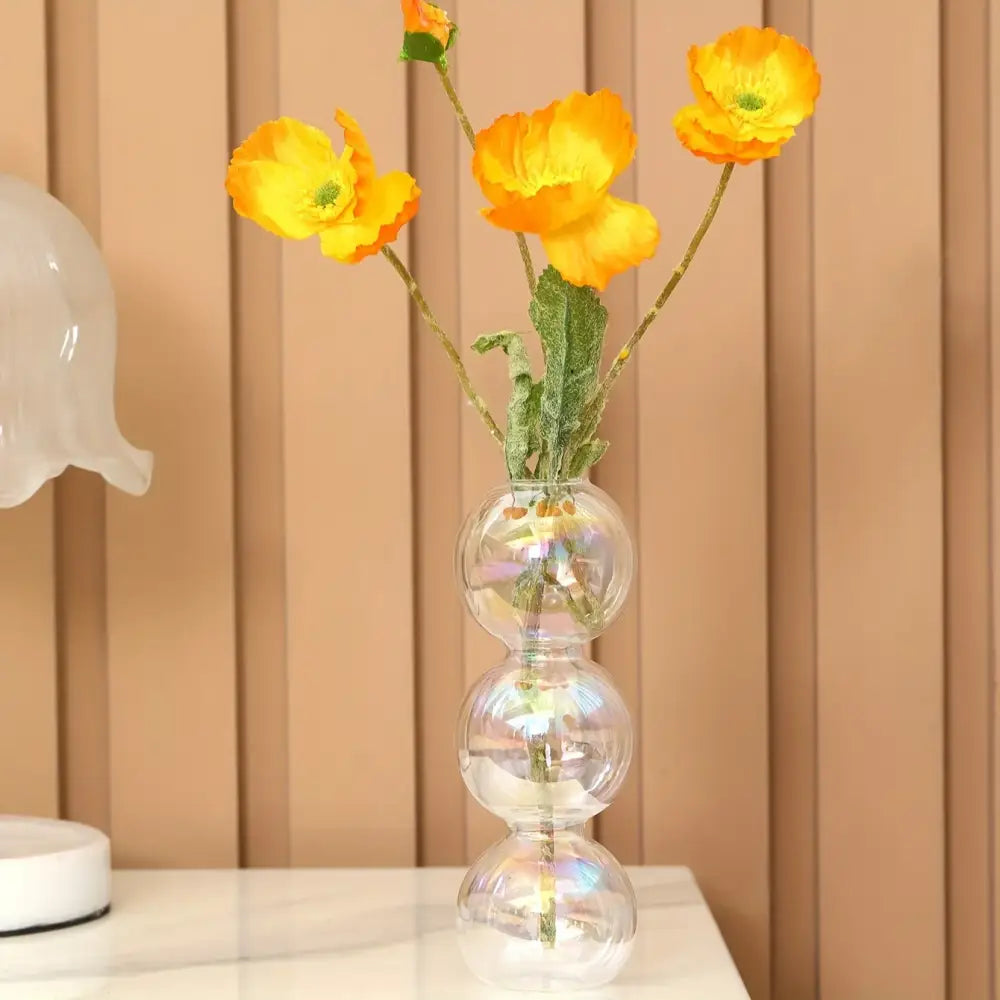 DecorBites clear glass bubble vase with three stacked spherical sections for elegant home decor