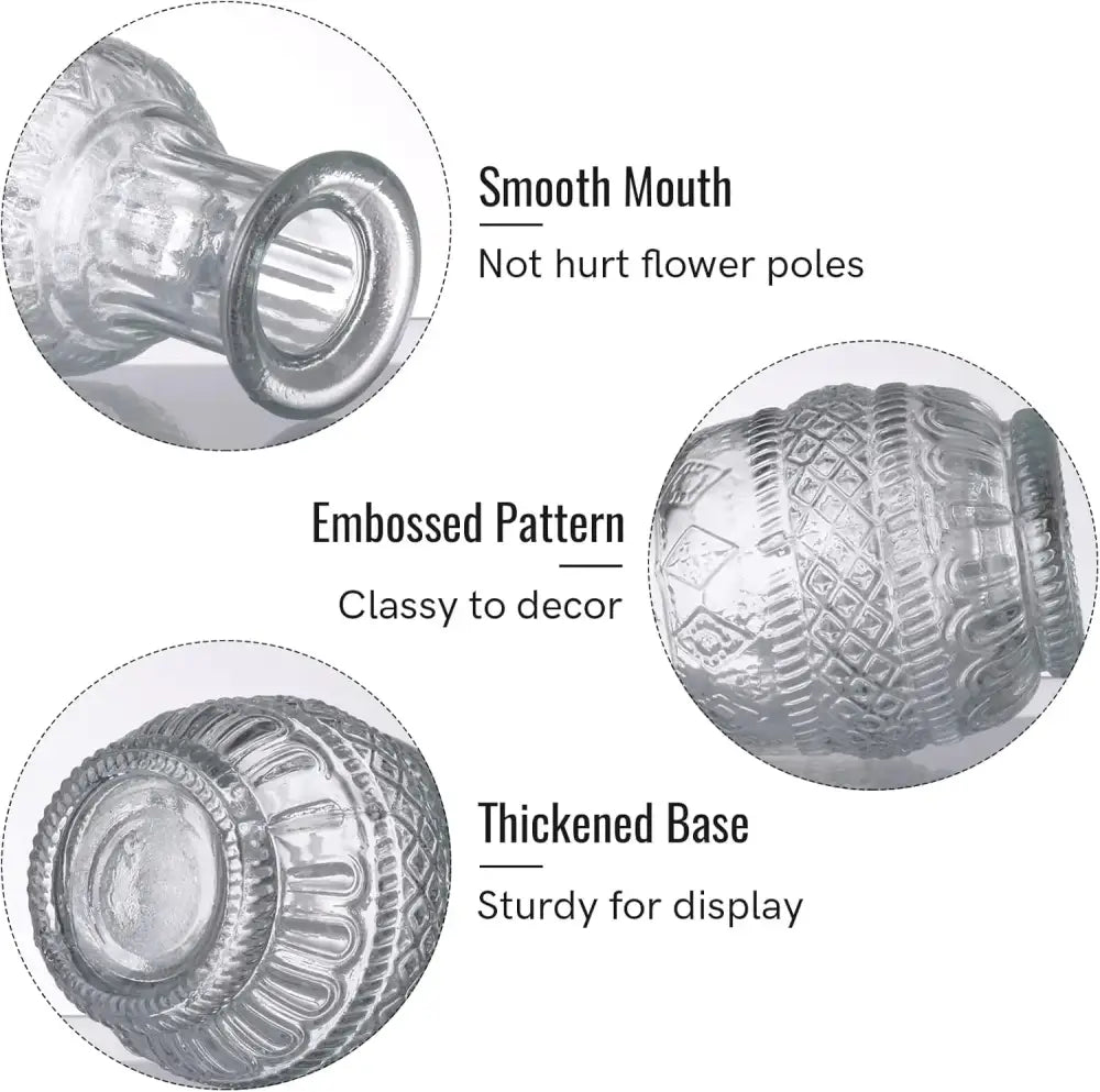 DecorBites clear glass bud vase with embossed pattern and thickened base for elegant floral display