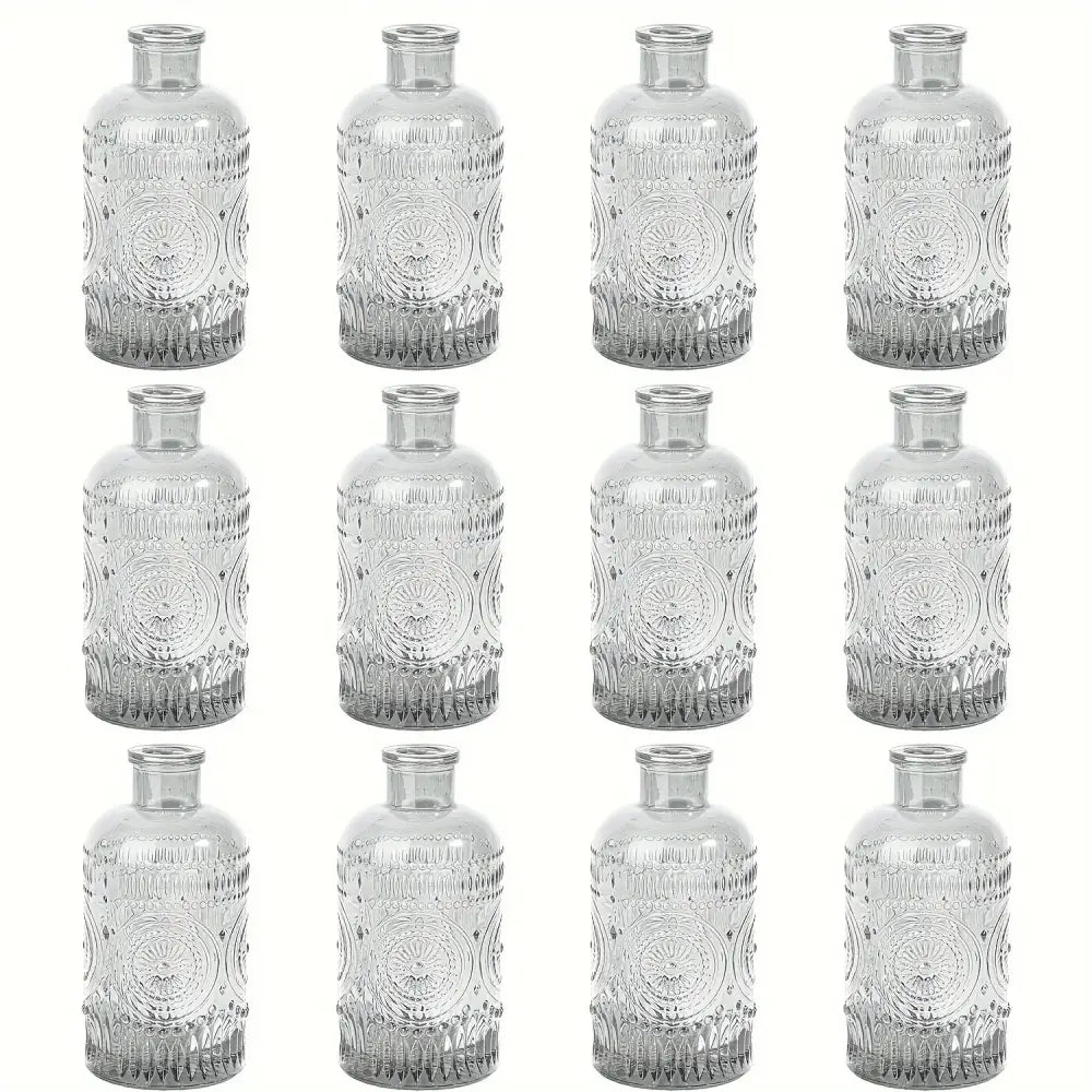 Decorbites clear glass bud vases set of 12 featuring intricate embossed circular patterns and gradient tint base