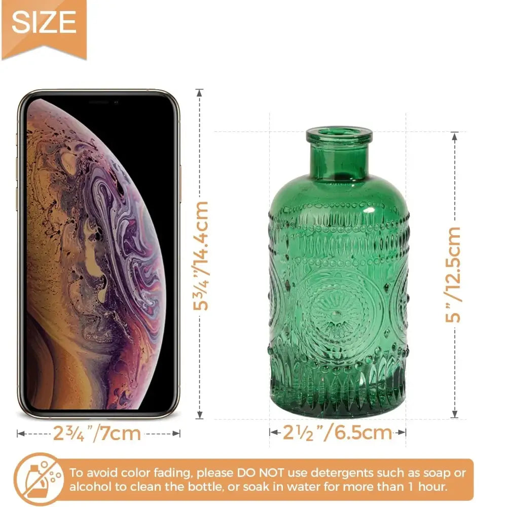 Decorbites™ clear glass bud vase in green with embossed floral and circular patterns set of 12 pieces