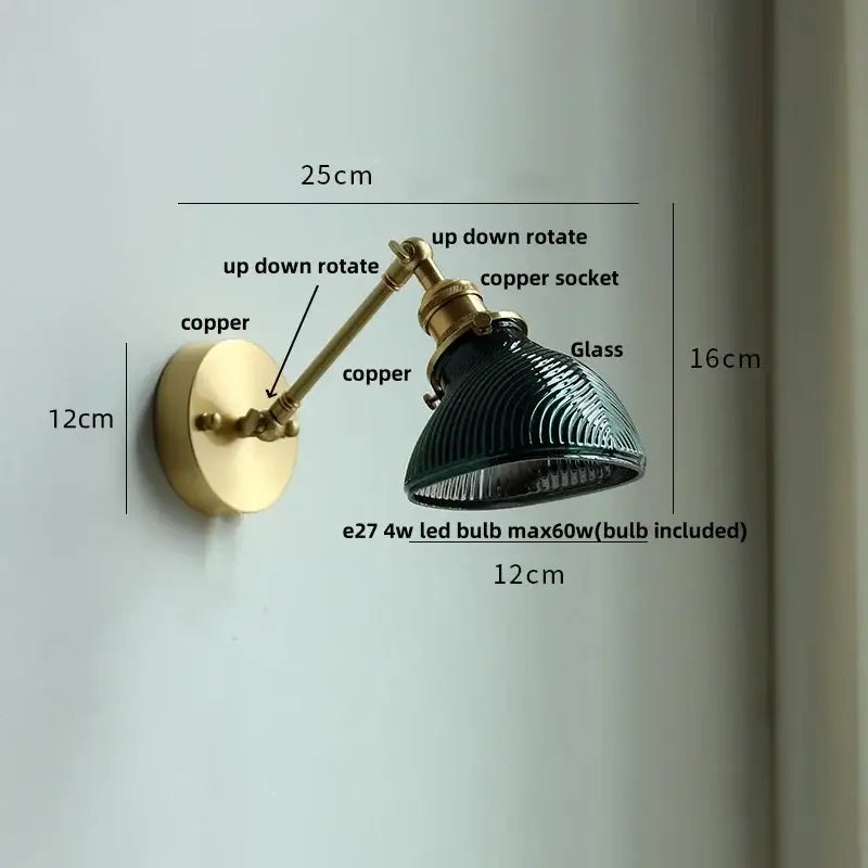 Decorbites clear glass led brass wall sconce with vintage brass finish and dark green ribbed glass shade for dining room lighting