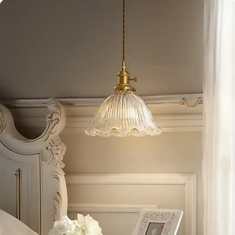 Vintage-style decorbites clear glass led pendant light with gold-toned metal fixture and flared ribbed glass shade for bedroom