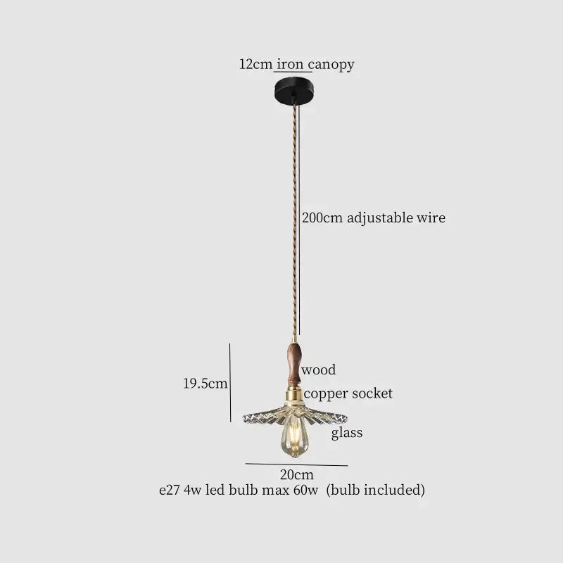Vintage-style decorbites clear glass led pendant light with brass accents, wooden details, and adjustable copper wire canopy