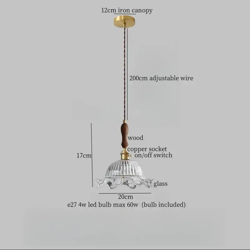 Decorbites clear glass led pendant light with fluted design and wooden handle for bedroom lighting
