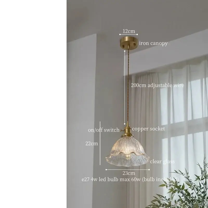 Decorbites clear glass led pendant light with brass fittings features a delicate fluted design ideal for bedroom use