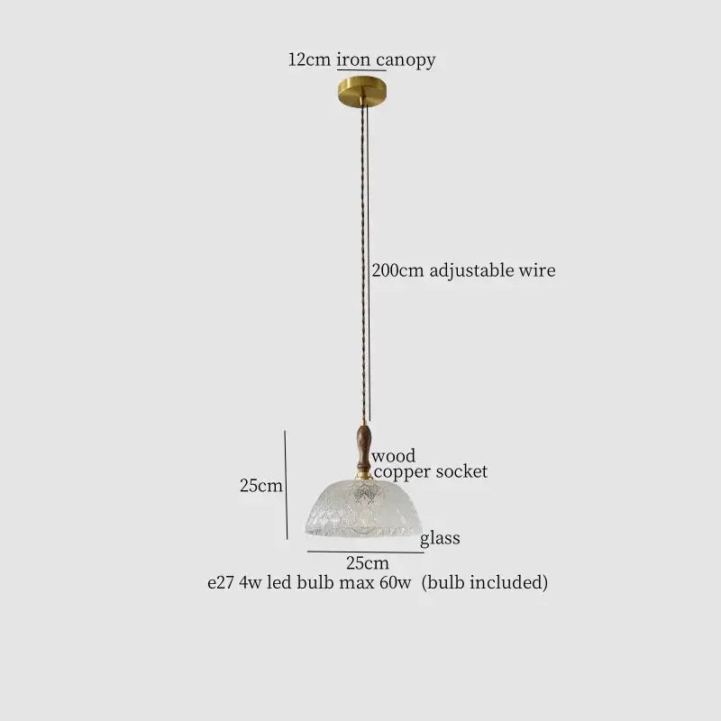 A delicate 25cm frosted clear glass led pendant light with wooden copper socket by decorbites for bedroom use